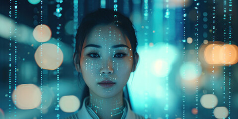 Futuristic asian woman looking and thinking Business global internet connection application technology	