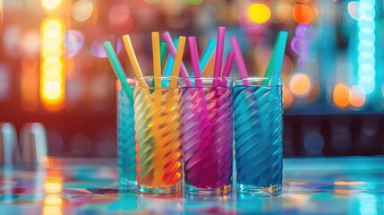 A line of vivid, multicolored drinking straws. Generative Ai