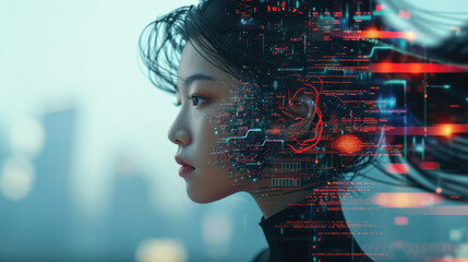 Asian woman Artificial intelligence. Technology web background. Virtual concept