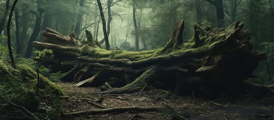 A fallen tree lies in the center of a dense forest, surrounded by tall trees and thick undergrowth. The tree trunk is broken and covered in moss, indicating it has been there for some time.