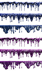 2 Set of long Wave navy blue purple magenta liquid paint splash melting dripping on transparent background cutout, PNG file. Many assorted different design. Mockup template for artwork graphic design