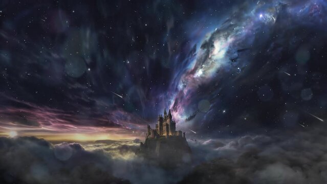 Epic galaxy over mountain top castle at night - ai animation
