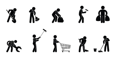 working man icon, stick figure human silhouettes, icon set people doing repairs
