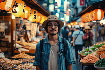 Obraz premium Male Digital Nomad Explores Local Market in New Country, Digital Nomad Cultural Immersion Concept