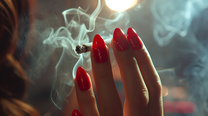 Woman's hand with red gorgeous manicure holding a cigarette between fingers with smoke on dark background. generative ai