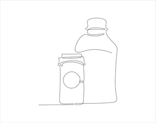 Continuous Line Drawing Of Medicine Bottle. One Line Of Jar Of Pills. Medicine Set Continuous Line Art. Editable Outline.