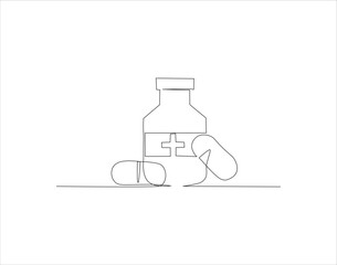 Continuous Line Drawing Of Medicine Bottle. One Line Of Jar Of Pills. Medicine Set Continuous Line Art. Editable Outline.