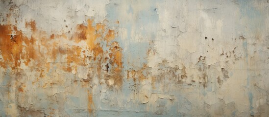 An abstract textured old wall with rust marks and peeling paint is set against a clear blue sky in the background, creating a stark contrast between man-made decay and natures beauty.