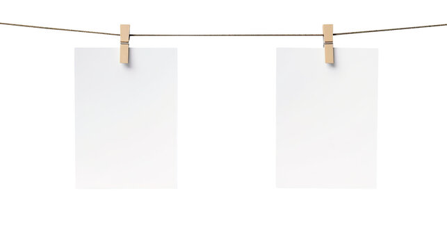 Blank photo frames hanging on a rope  isolated on transparent background Remove png, Clipping Path, pen tool