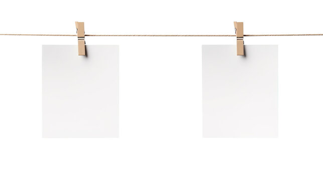 Blank photo frames hanging on a rope  isolated on transparent background Remove png, Clipping Path, pen tool