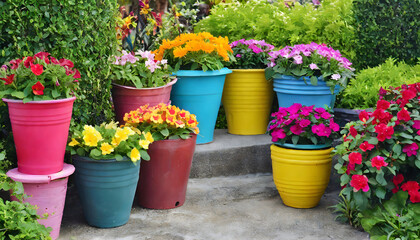 a multicolored flowerpot in the garden