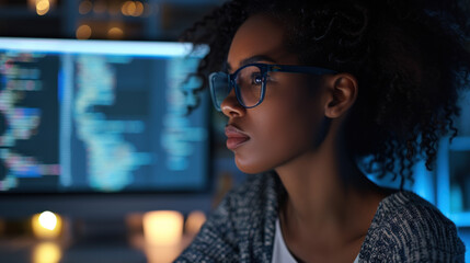 Black woman thinking looking Line of Code Projected Software Developer Working on Innovative e-Commerce App using AI, Big Data	