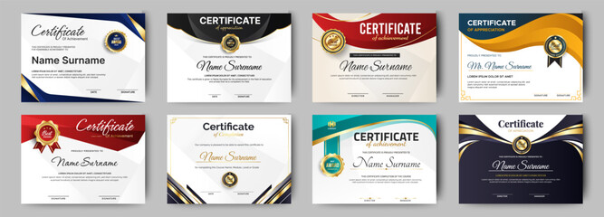 Certificates of completion template with luxury badge and modern line and shapes. Horizontal certificate For award, business, and education needs. Diploma vector template