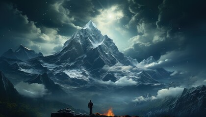 A figure looking up at a tall mountain, symbolizing ambition or challenge - Powered by Adobe