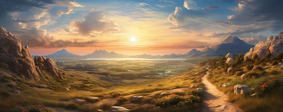 Pathway forward into a beautiful serene landscape. Horizon views over the rivers, mountains, deserts, and fields