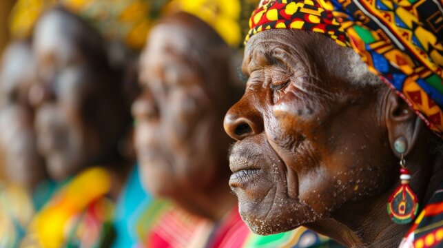 A row of traditional African storytellers passing down oral history and cultural knowledge through captivating storytelling ods.