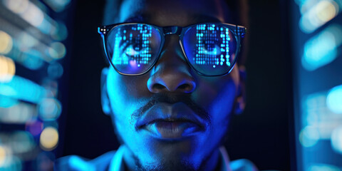 Young black man professional in sunglasses looking of Code Projected on Face and Reflecting. Software Developer Working on Innovative e-Commerce App using AI, Big Data