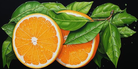 This vibrant and juicy orange slice, adorned with a vibrant green leaf, embodies the sweet and...