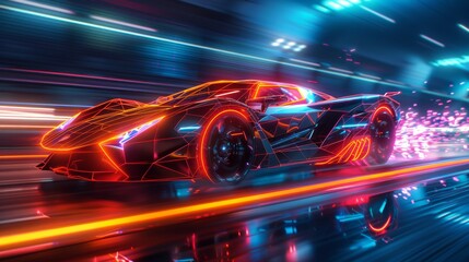 A conceptual futuristic sports car enhanced with striking neon light effects, symbolizing speed and...