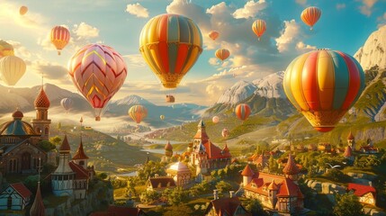 Fototapeta premium Colorful hot air balloons float serenely over a picturesque fantasy town nestled in a mountainous landscape.