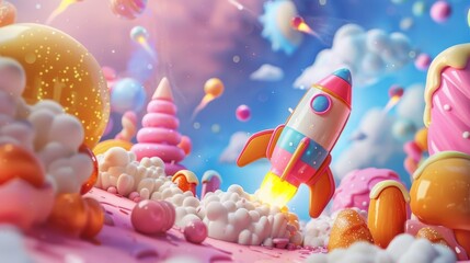 A whimsical, candy-colored rocket launching into a pastel sky, evoking a sense of playful exploration.