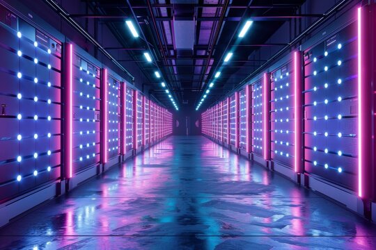 A futuristic data center illuminated with neon lights, reflecting the modern infrastructure of data storage and processing.
