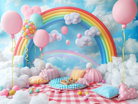 A whimsical picnic setup among clouds with colorful balloons, cushions, and a vibrant rainbow backdrop.
