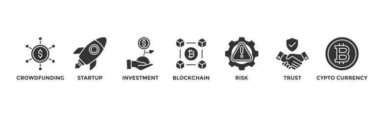 ICO banner web icon vector illustration concept of initial coin offering with icon of crowdfunding, startup, investment, blockchain, risk, trust and cypto currency	