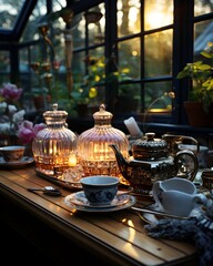 Tea set on the terrace of a country house in the evening