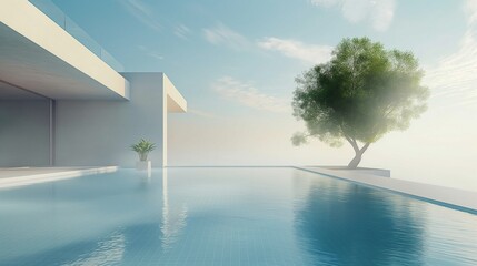 Elegance in simplicity as a minimalist pool design takes center stage, framed by upscale landscaping and bathed in natural sunlight - obrazy, fototapety, plakaty