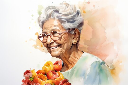 Watercolor portrait of the senior elderly woman, holding flowers,  happily smiling to the viewer .  Concept  of aging gracefully, Mother's day, Women's day 8 March
