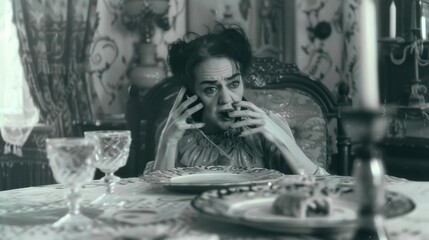 Elderly lady applies makeup in a vintage train cabin, evoking a sense of timeless elegance.