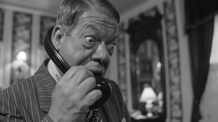 Black and white photo of a man on a vintage phone, displaying a surprised expression.