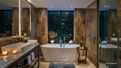 A luxurious bathroom with a large bathtub, marble countertops, and candles for a relaxing spa-like experience.