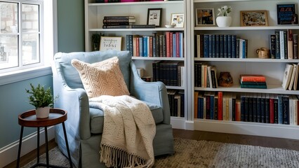 A cozy living room with a plush sofa, warm fireplace, and bookshelves filled with books.