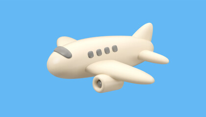 Vector 3d plane icon. Simple cartoon airplane render, flying white jet in the sky, isolated on blue background. Vacation trip concept