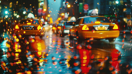 The glow of neon signs and street lamps reflecting on the wet roads as taxis and cars weave through each other in a bustling dance.