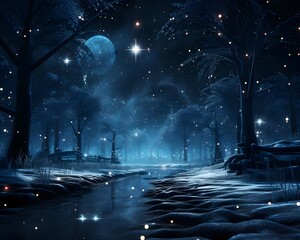 Winter night in the forest with moon and stars. 3d rendering