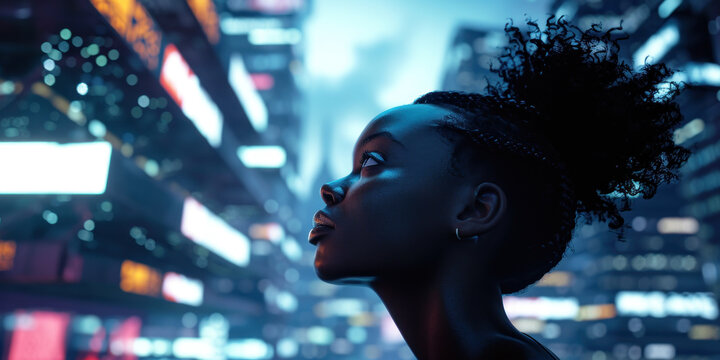 Black young woman looking up in a futuristic world