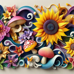 colorful sunflowers, mushrom, sunflower, orchid, wave, rose, lavender flowers, background dynamic textured paper quilling. with Generative AI Techonology.