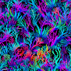 Colorful busy plants and corals seamless pattern on black - 751116181