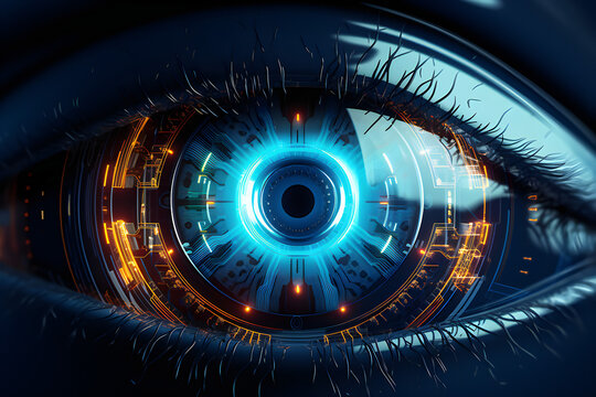 Blue  cyber eye. Technology and electronics concept. 3D Rendering  generated by AI. 3D illustration
