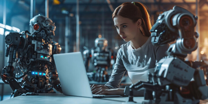 young woman professional with robots working on a laptop computer, innovation technology concept