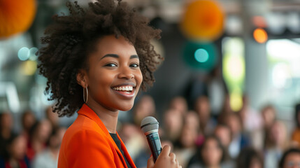 empowering female speaker: microphone on stage - obrazy, fototapety, plakaty