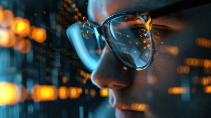young man professional in sunglasses looking of Code Projected on Face and Reflecting. Software Developer Working on Innovative e-Commerce App using AI, Big Data