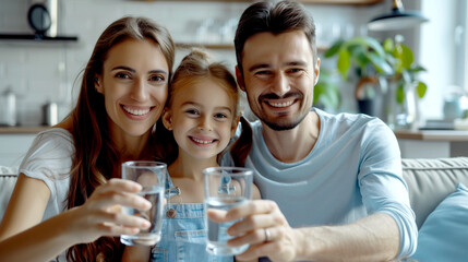 Happy Family Drinking Clean Water - Nature Conservation Concept