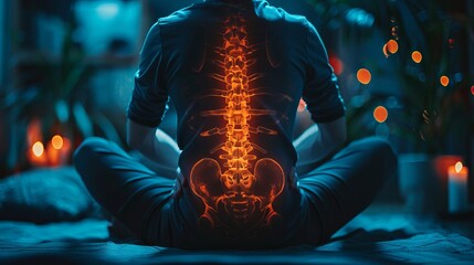 Pain in the lumbar spine and spinal cord. Human back pain, Man with inflamed spinal cord injury pain highlighted in glowing red-orange. Spine injury pain in sacral - obrazy, fototapety, plakaty
