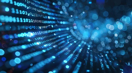 Foto op Aluminium blue digital binary data on computer screen, Neon binary data stream. Flowing digits in a digital background © saichon