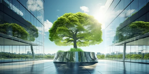 Türaufkleber Sustainble green building. Eco-friendly building. Sustainable glass office building with tree for reducing carbon dioxide. Office with green environment © Coosh448