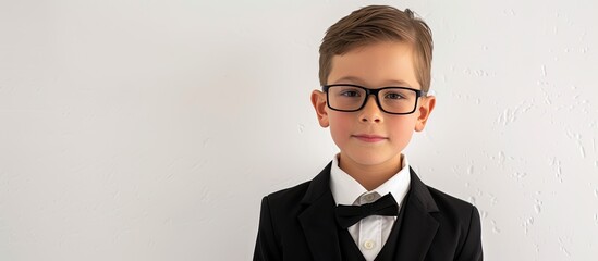 A young boy wearing glasses and a suit is featured against a white background. He exudes confidence and intelligence in his formal attire.